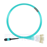 5 أمتار (16 قدمًا) MPO أنثى إلى 4 LC UPC Duplex 8 Fibers Type B LSZH OM3 50/125 Multiplode Elite Breakout Cable، Aqua