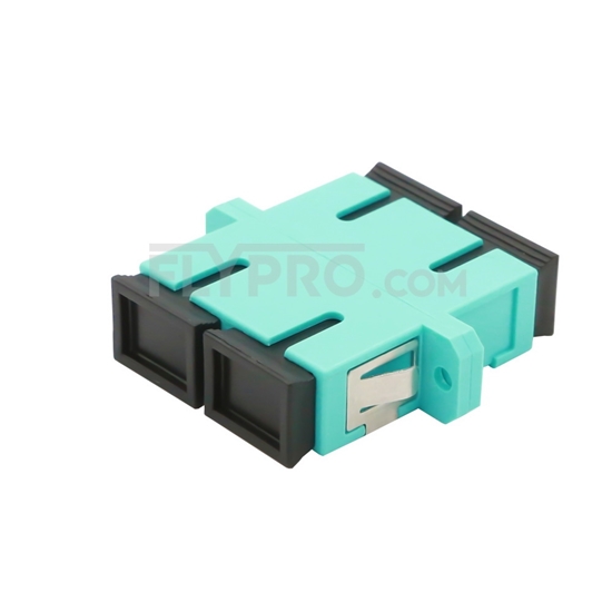 Picture of SC/UPC to SC/UPC 10G Duplex OM3 Multimode Plastic Fiber Optic Adapter/Mating Sleeve with Flange, Aqua